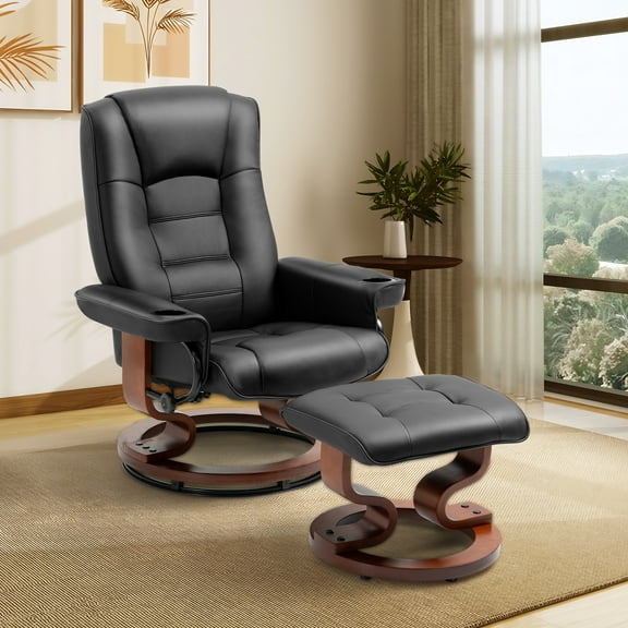 AVAWING Recliner Chair w/ Ottoman, 360° Swivel Reclining Chair w/ Wood Base, Indoor, Black