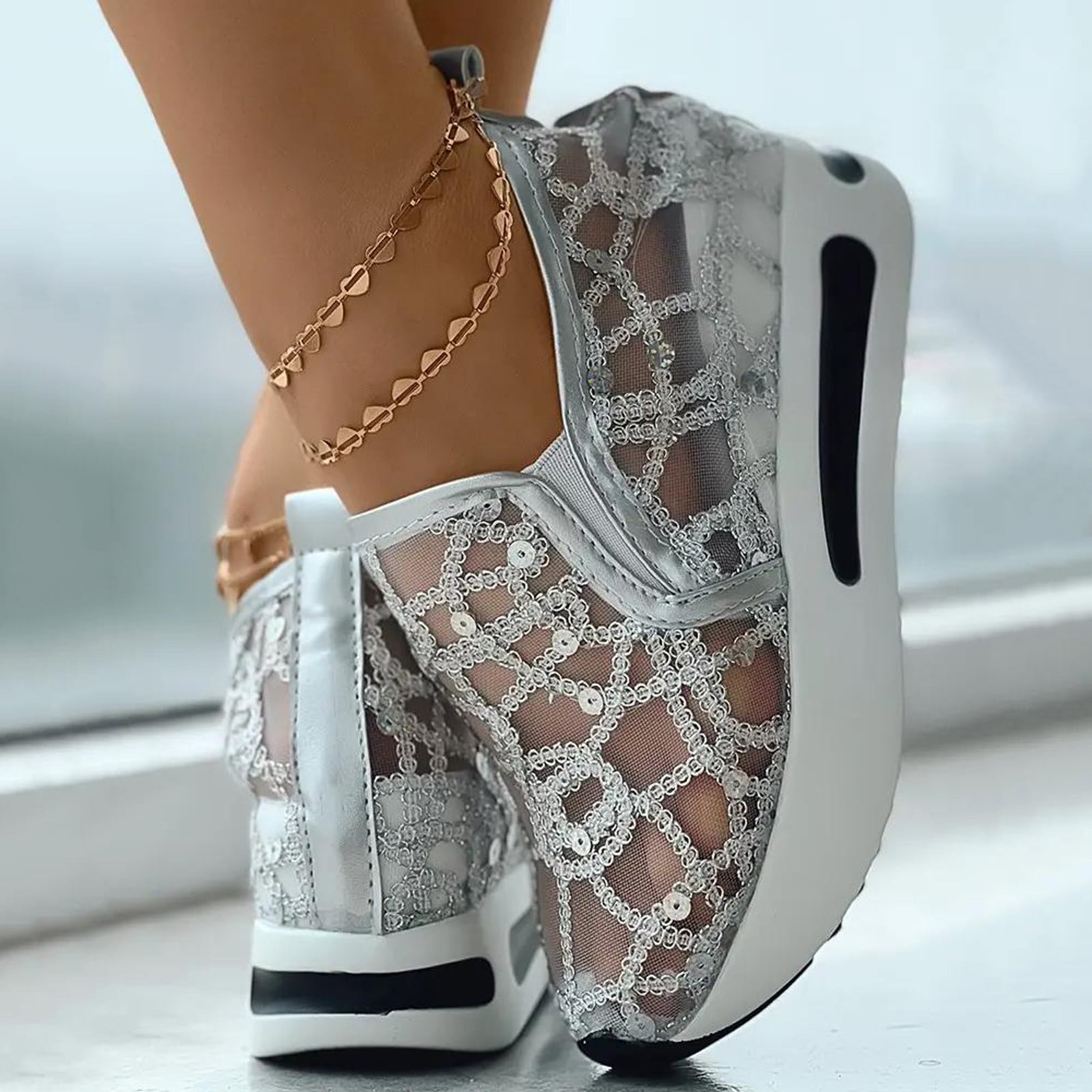 Dakaela Platform Wedge Sneakers for Women Hidden High Heels Slip on Loafers Walking Work Shoes Silver 7
