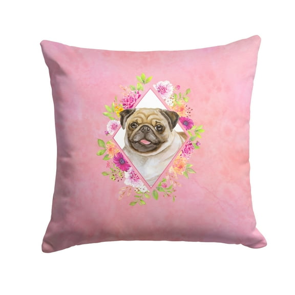 Carolines Treasures CK4174PW1414 Fawn Pug Pink Flowers Fabric Decorative Pillow  14Hx14W multicolor