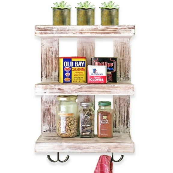 Autumn Alley White Washed Wood Shelf with 4 Hooks and 3 Shelves, Wall Mount