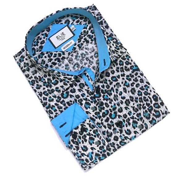 Elie Balleh Blue Leopard Boy's Dress Casual Button Down Shirt