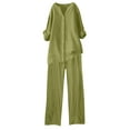 thumbnail image 3 of Atogsazn Womens Plus Size Linen 2Pc Set Summer Casual Loose Long Sleeve Shirts Wide Leg Pants Outfit with Drawstring Green S on Clearance, 3 of 4