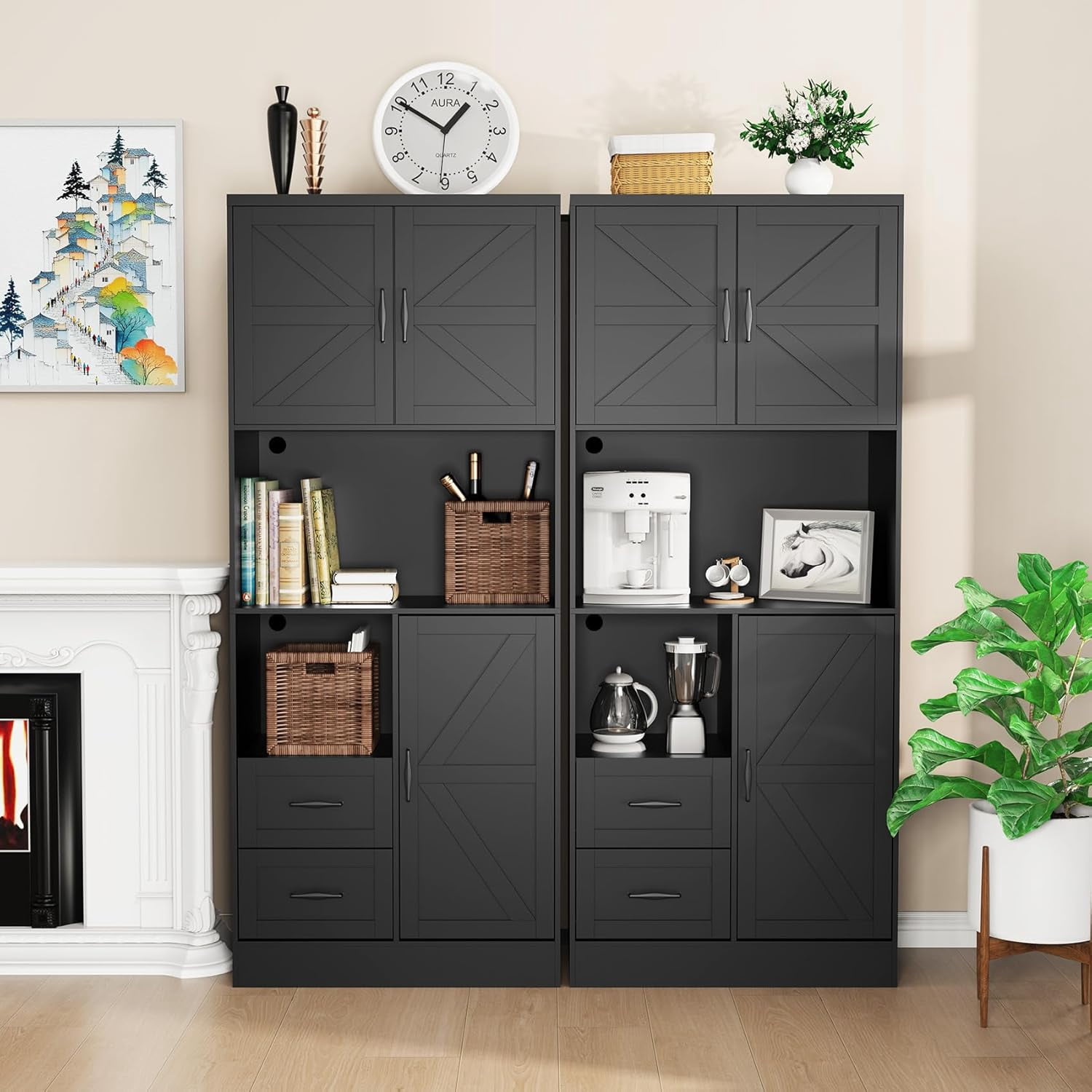 Lafnest  Farmhouse Kitchen Pantry with LED Lights & Power Strip,68" Tall Cabinet with Microwave Stand,Barn Doors & Drawers for Dining Room,Black