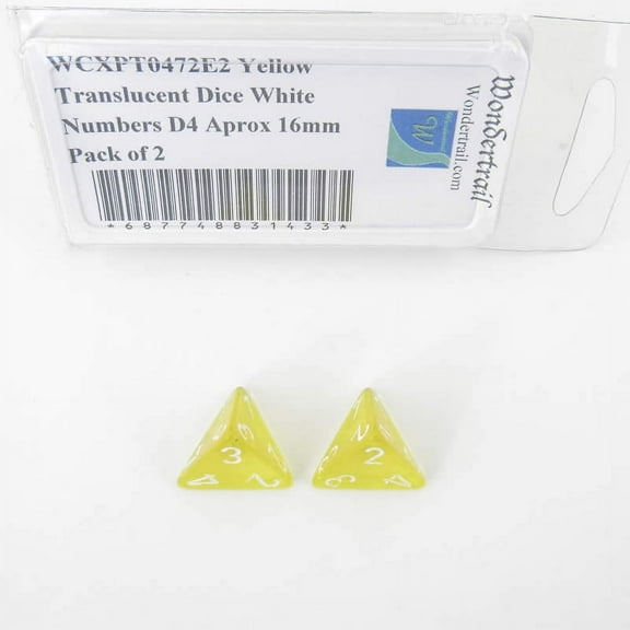 Yellow Translucent Dice with White Numbers D4 Aprox 16mm (5/8in) Pack of 2 Wondertrail
