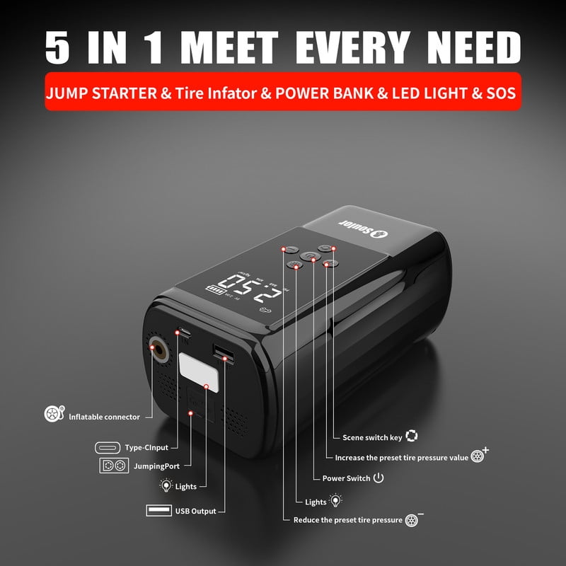 Jump Starter with Air Compressor, 1000A 12V Jump Box for 5.0L Gas or Up to 3.5L Diesel Car Battery, 150PSl Digital Tire Inflator with Emergency Light