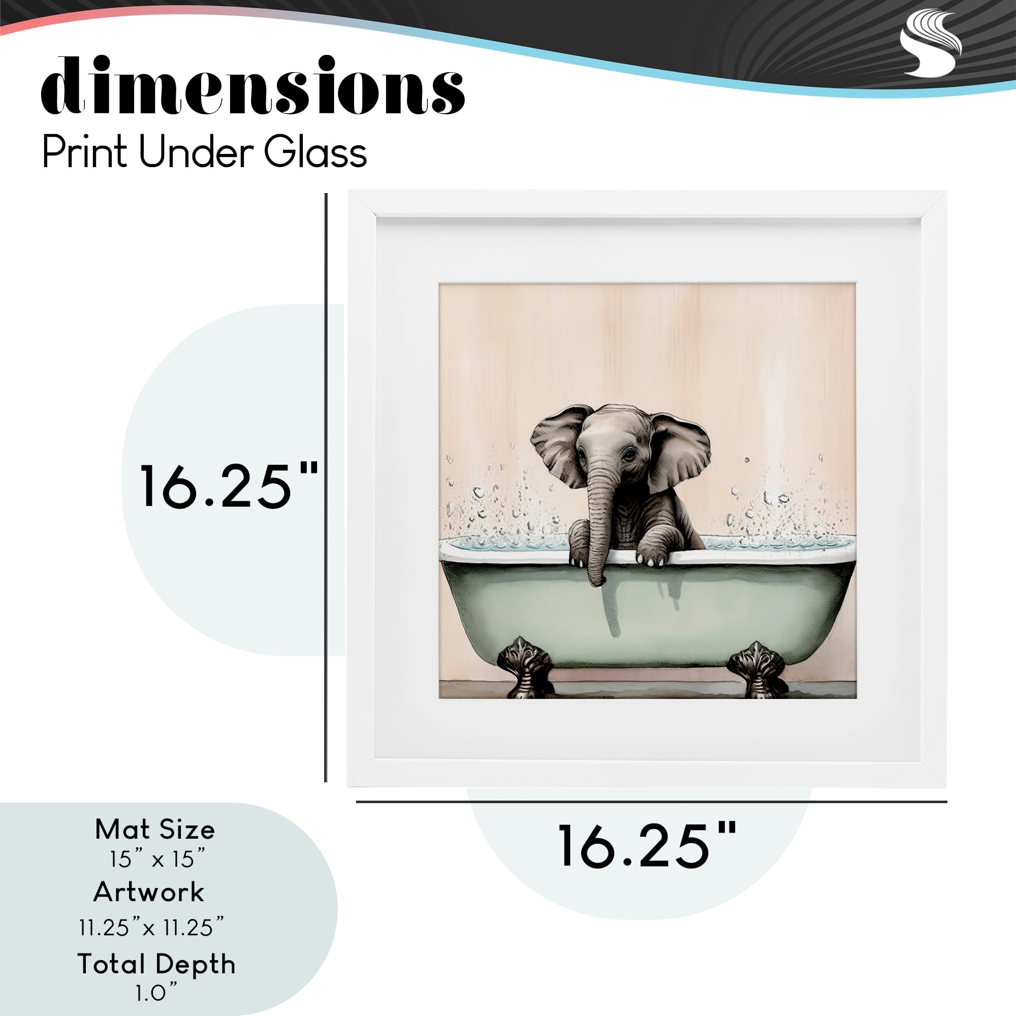 Baby Elephant Bathtime White Framed Print Under Glass, design by Sasha