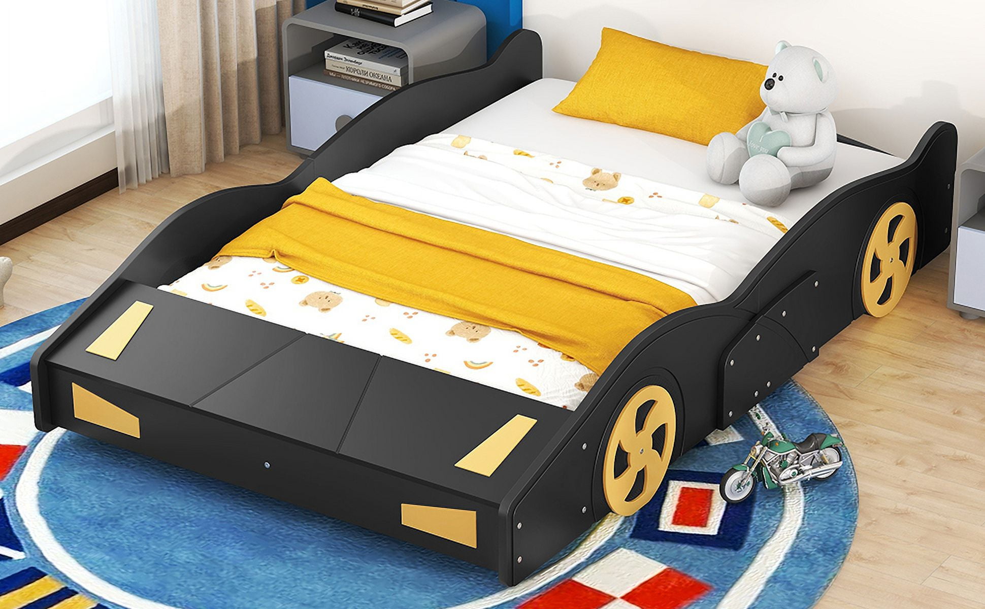 Full Size Platform Bed with Wheels and Storage, Black+Yellow