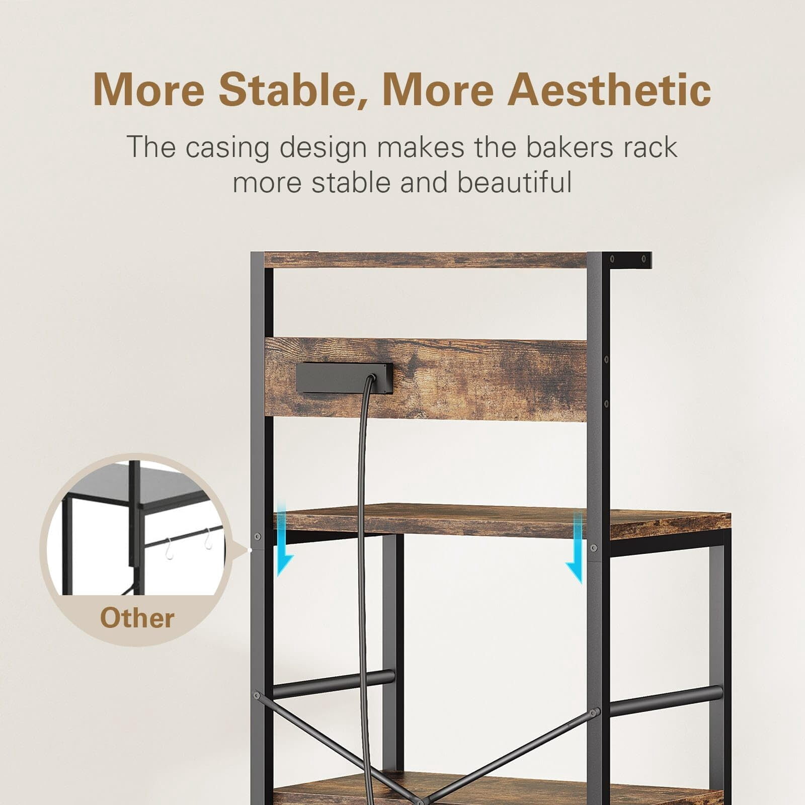 Kitchen Baker's Rack, 4-Tier Coffee Station with Power Outlets, Bug Hull Industrial Microwave Stand, Kitchen Storage Shelf, Coffee Bar Station, Rustic Brown