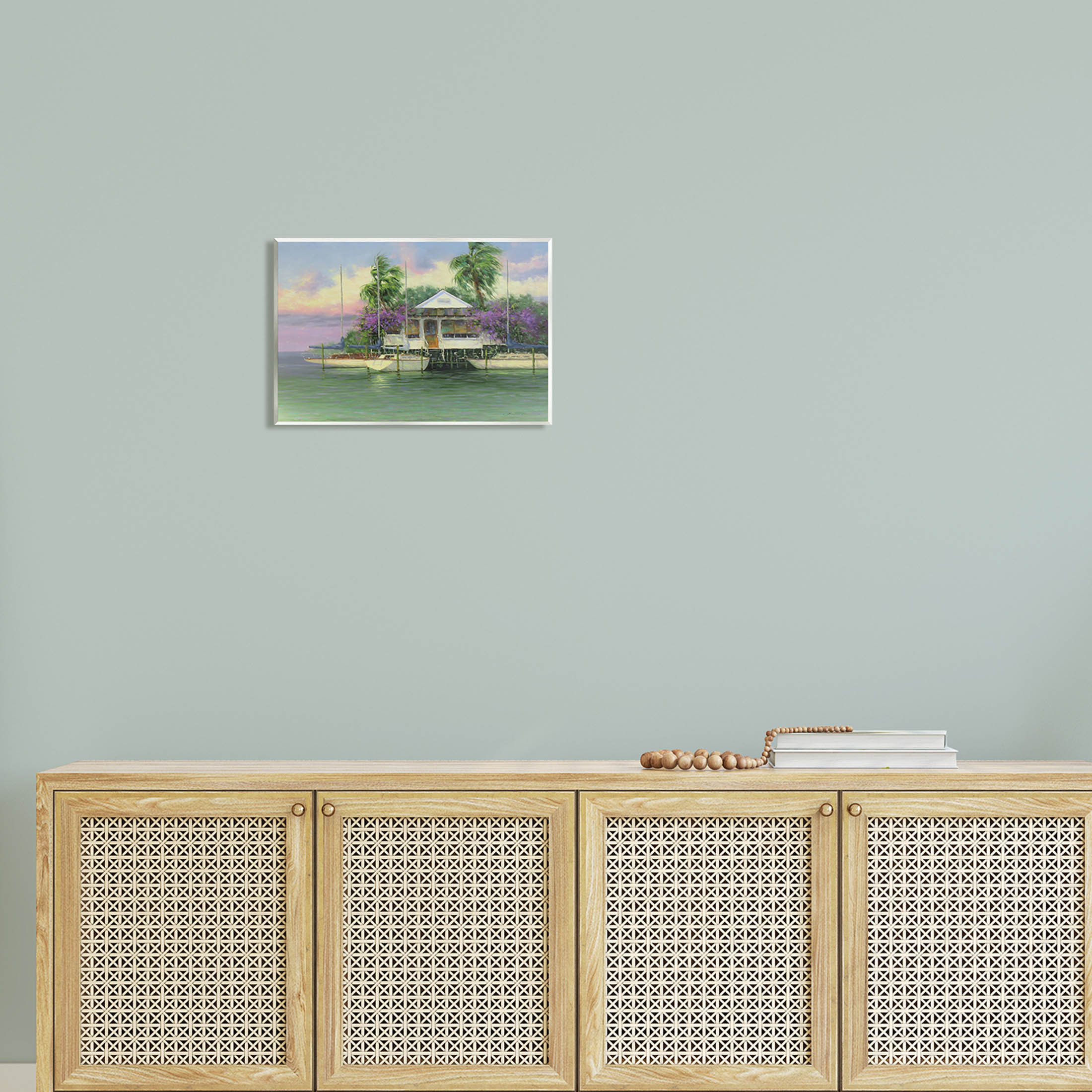 Coastal Boat Dock Tropical Palms Landscape Painting Unframed Art Print Wall Art