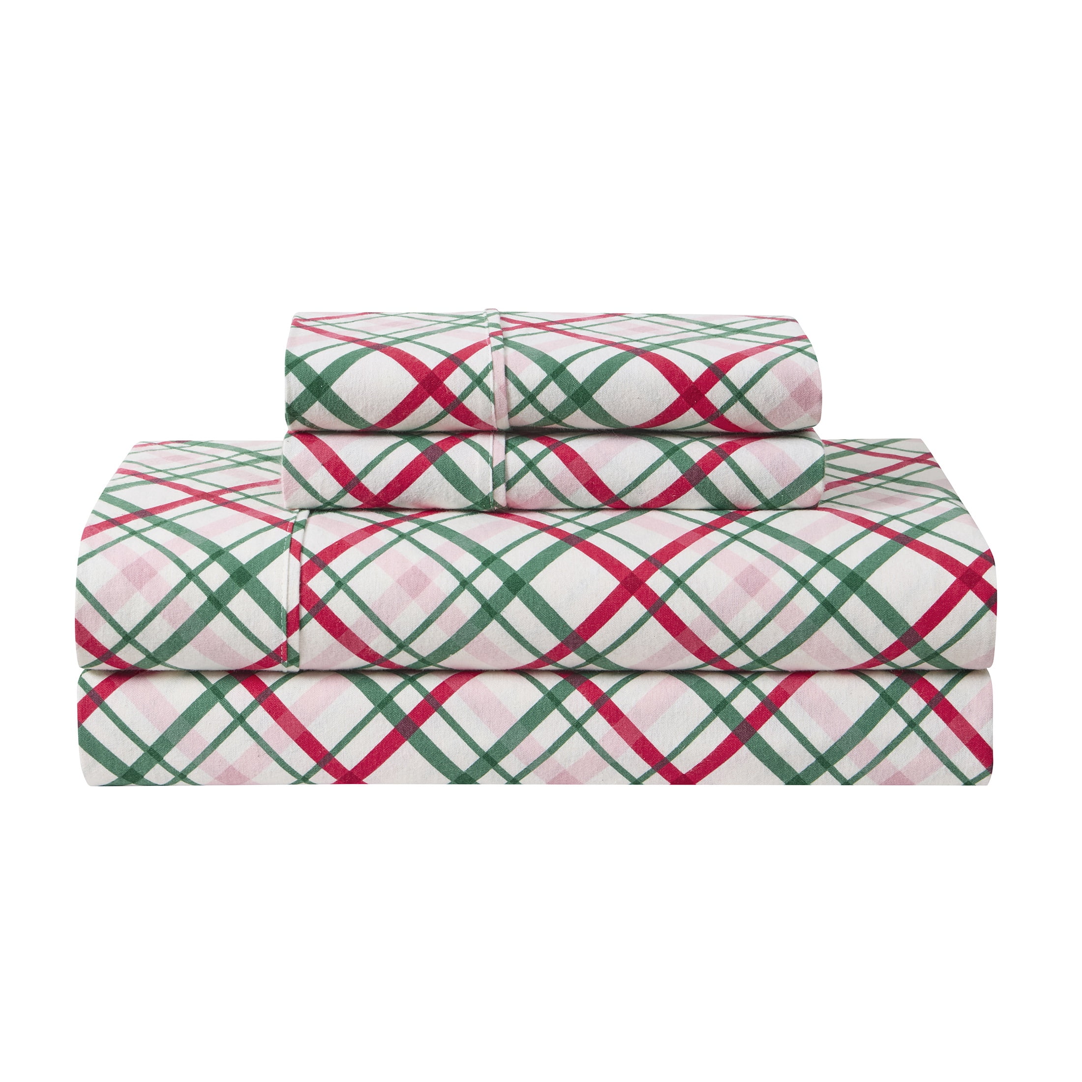 Hallmark Joy to the World Plaid 4-Piece Adult Multi Brushed Cotton Flannel Bed Sheet Set, Queen