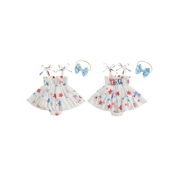 BemeyourBBs Baby Girls Romper Set, Sleeveless Tie-up Stars Bodysuit Dress Headband