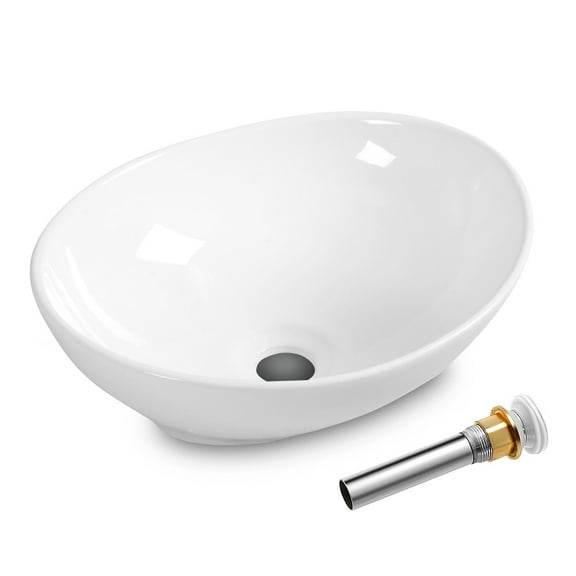 LYYHTY Oval Ceramic Vessel Sink for Bathroom, Porcelain Art Basin with Pop-Up Drain, Contemporary Countertop Bathroom Bowl for Home & Commercial Use, White