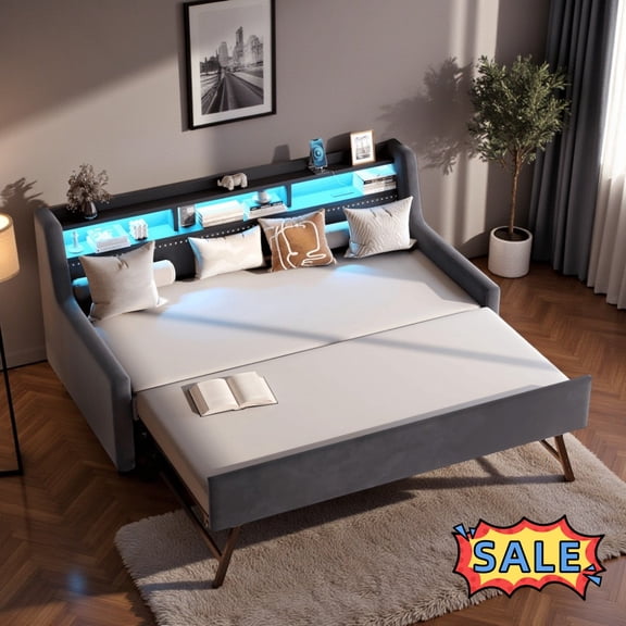 Tcbosik Twin Size Daybed with Trundle, Charging Station and LED Lights, Velvet Upholstered Sofa Bed with Storage Shelves for Living Room, Bedroom, Wood Slats Support, Space Saving, Dark Grey