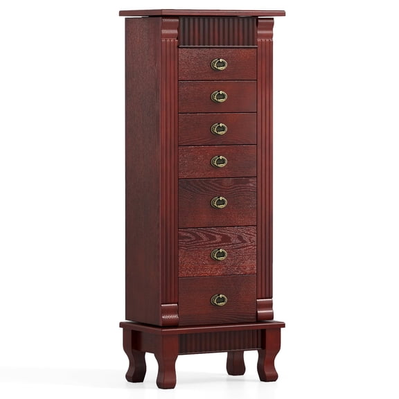 Walnut Wooden Jewelry Armoire with 7 Drawers and Ornate Brass-Tone Hardware