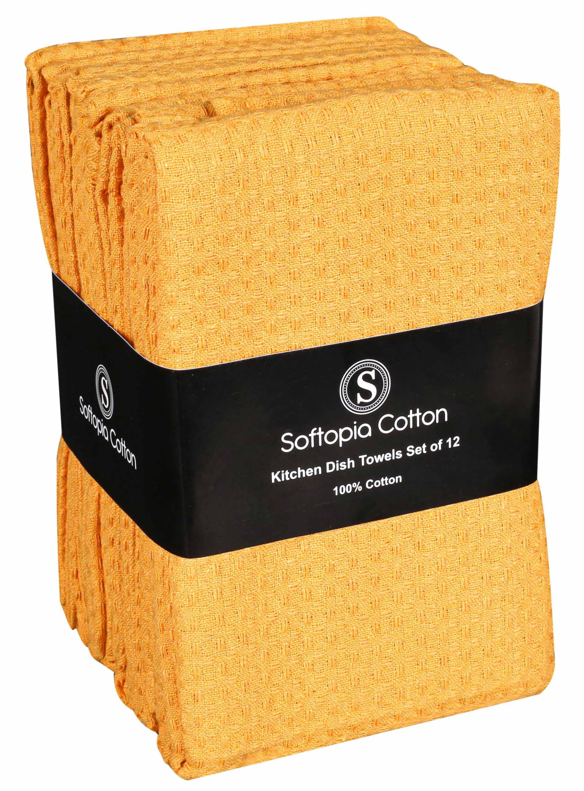 Softopia Cotton Yellow Waffle Kitchen Dish Towels, 100% Cotton, Quick Dry, Super Absorbent, Soft, 16x26 Inches – Ideal for Dish Drying, Bar, Tea, Cleaning, and Everyday Use, 12 Pack, Mustard Yellow