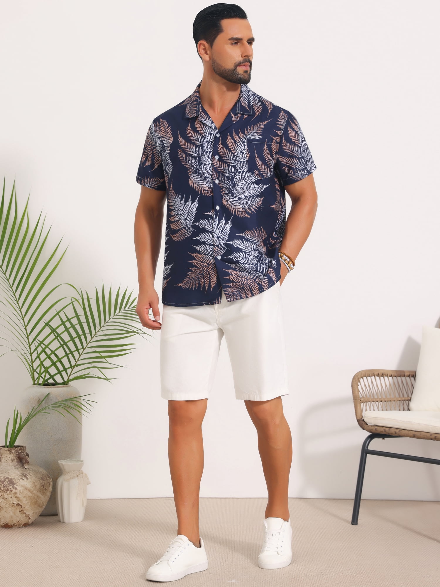 DARING DIVA Men's Short Sleeve Button Down Camp Collar Leaf Print Shirts XL Dark Blue