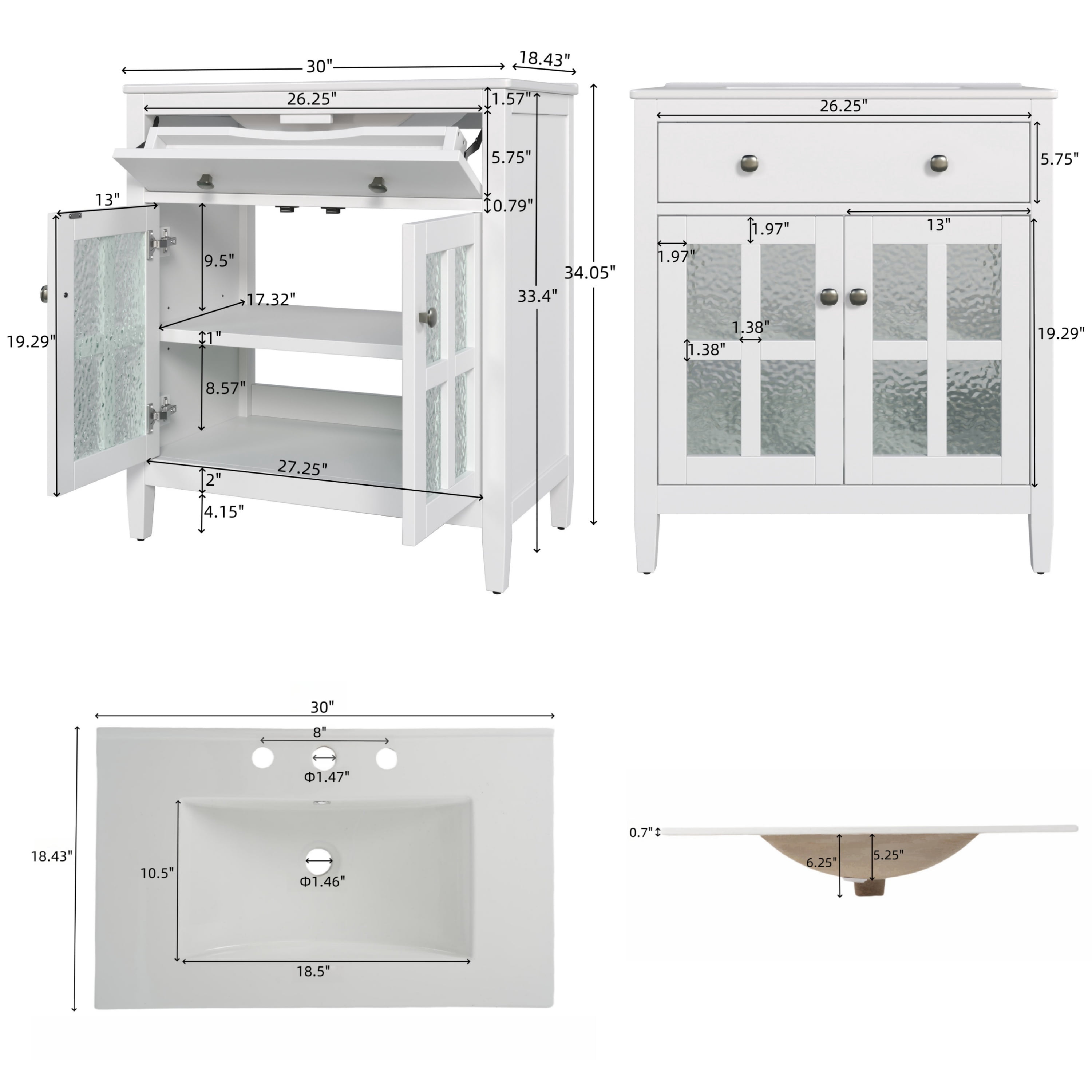 Euroco 30" Bathroom Vanity with Ceramic Sink, Equipped with Adjustable Shelf and Tip-Out Tray, Bathroom vanity with Solid Wood Legs, Silver Metal Knobs and Soft Close Hinges, White