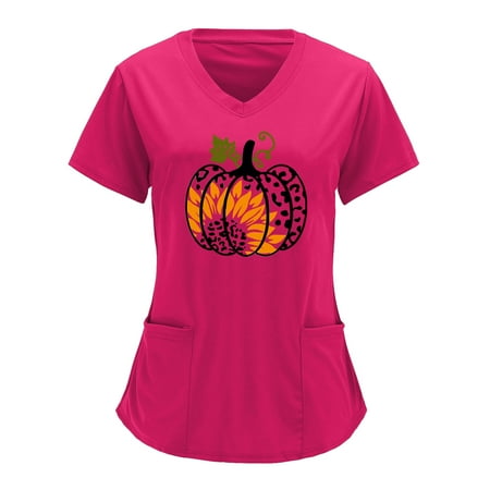 

Women Scrubs Top Nurses Clothing Working Uniform Top Care Workwear V-Neck Overalls Partial Solid Color Printing Solid Color Short Sleeve Top Overalls Top