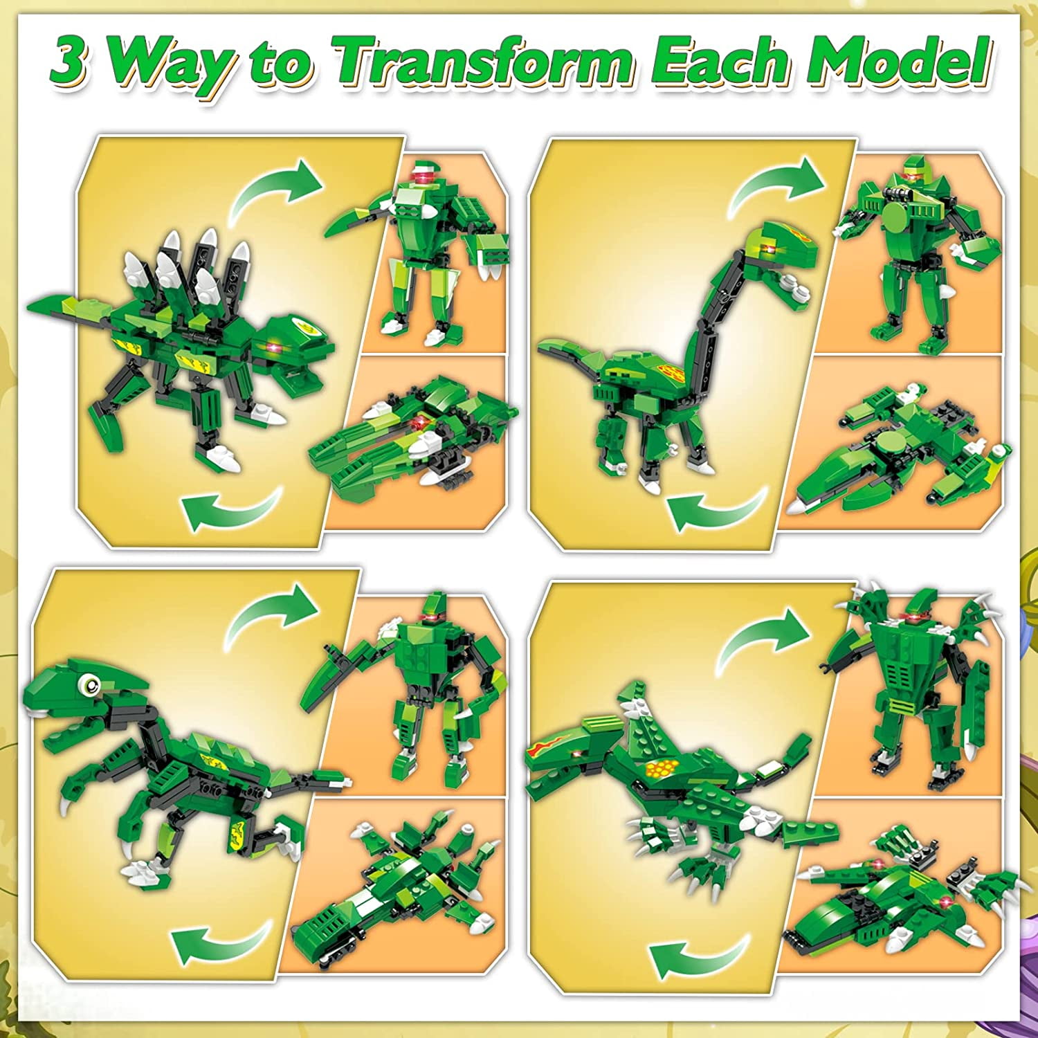 876 Pcs Dinosaurs Building Toys Set, 8 in 1 Building Blocks Kit with Storage Bucket, ENP 3 Headed Dinosaur Toys for Boys Girls, Gifts for Kids 6-12, Green