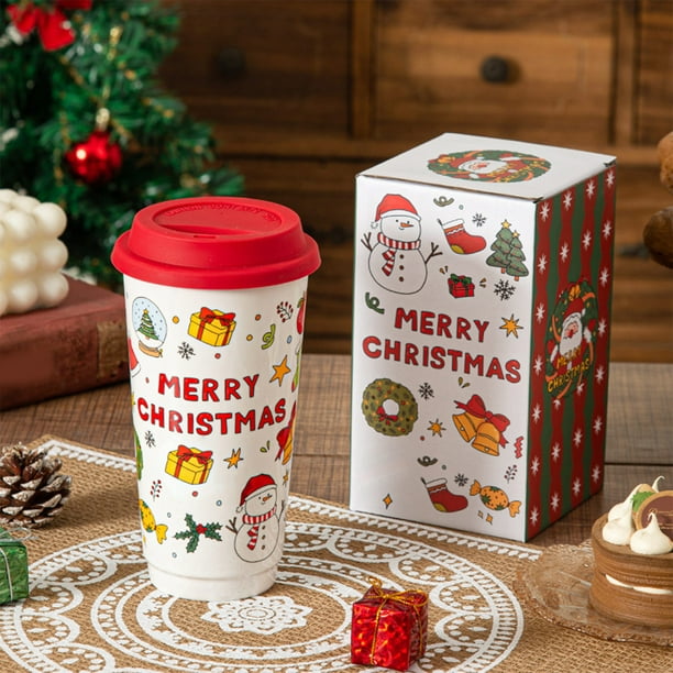 Xihbxyly Taza de Papá Noel, Taza de Café de Cerámica Portátil con Tapa, Decoración Navideña, Tamaño Compacto para Bebidas Frías y Calientes, Regalo Ideal para Familiares y Amigos, 9,5 X 9,5 X 18 Cm
