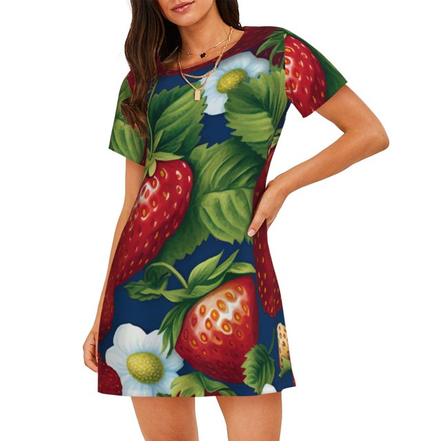 Fotbe Strawberry2 Bata de Dormir para Mujer con Estampado, Camisón de Algodón de Manga Corta, Ropa de Dormir Casual