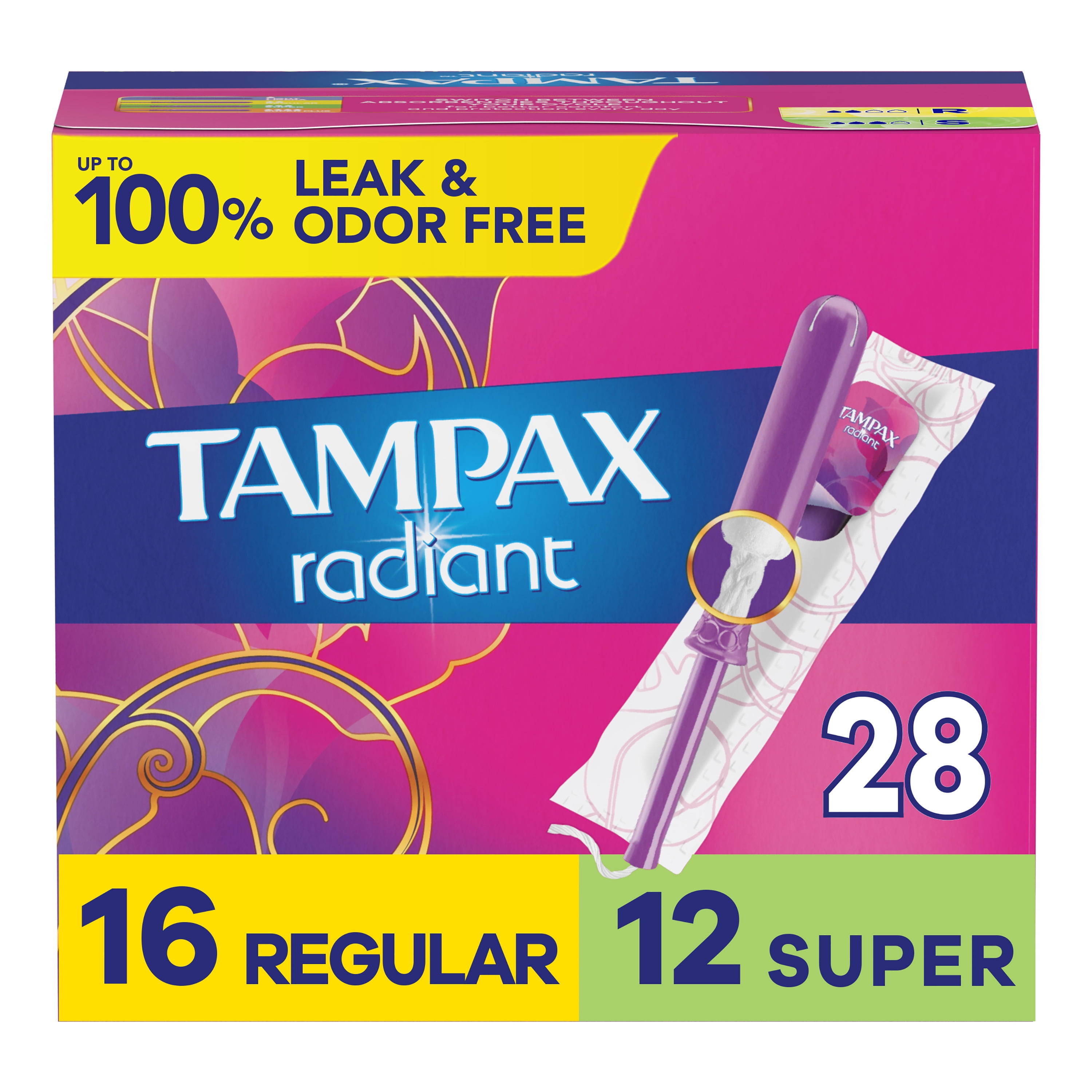 Tampax Radiant Tampons Duo Pack with LeakGuard Braid, Regular/Super Absorbency, Unscented, 28 Count