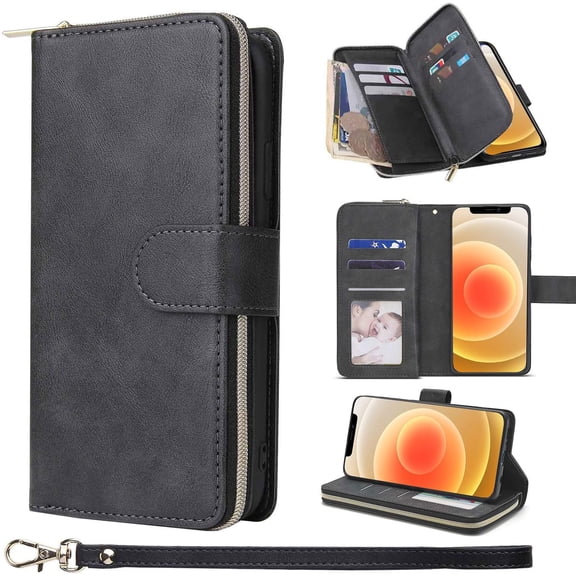 Wallet Case for iPhone 13 Pro,Premium[Magnetic Closure][Zipper Pocket] Folio PU Leather Flip Case Cover with 9 Card Slots Kickstand for iPhone 13 Pro (6.1 inch)-Black