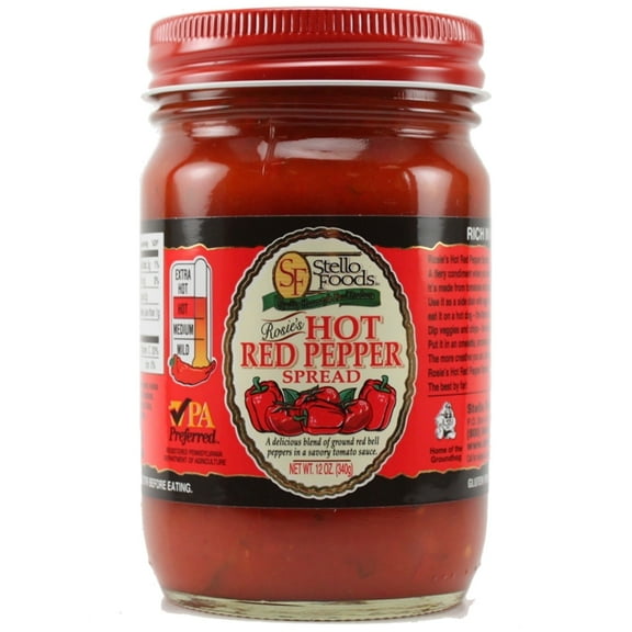 Stello Foods - Rosie's Hot Pepper Spread 12 oz, Low Fat, Gluten Free, No Corn Syrups, Rich in Vitamin C, Cholesterol Free, Low Sodium, Low Carbohydrates, Vegan, Vegetarian, PA Preferred