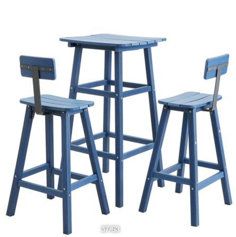 3 Piece Outdoor Bar Set Patio HDPE Dining Set with Square High-Top Table Footrest & Backrest
