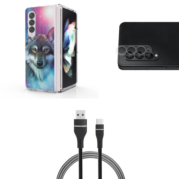 Accessory Bundle for Galaxy Z Fold 4: Slim Snap-On Case (Mystic Wolf), Rear Camera Glass Protector, Nylon Braided USB-C to USB-A Cable (3 Feet)
