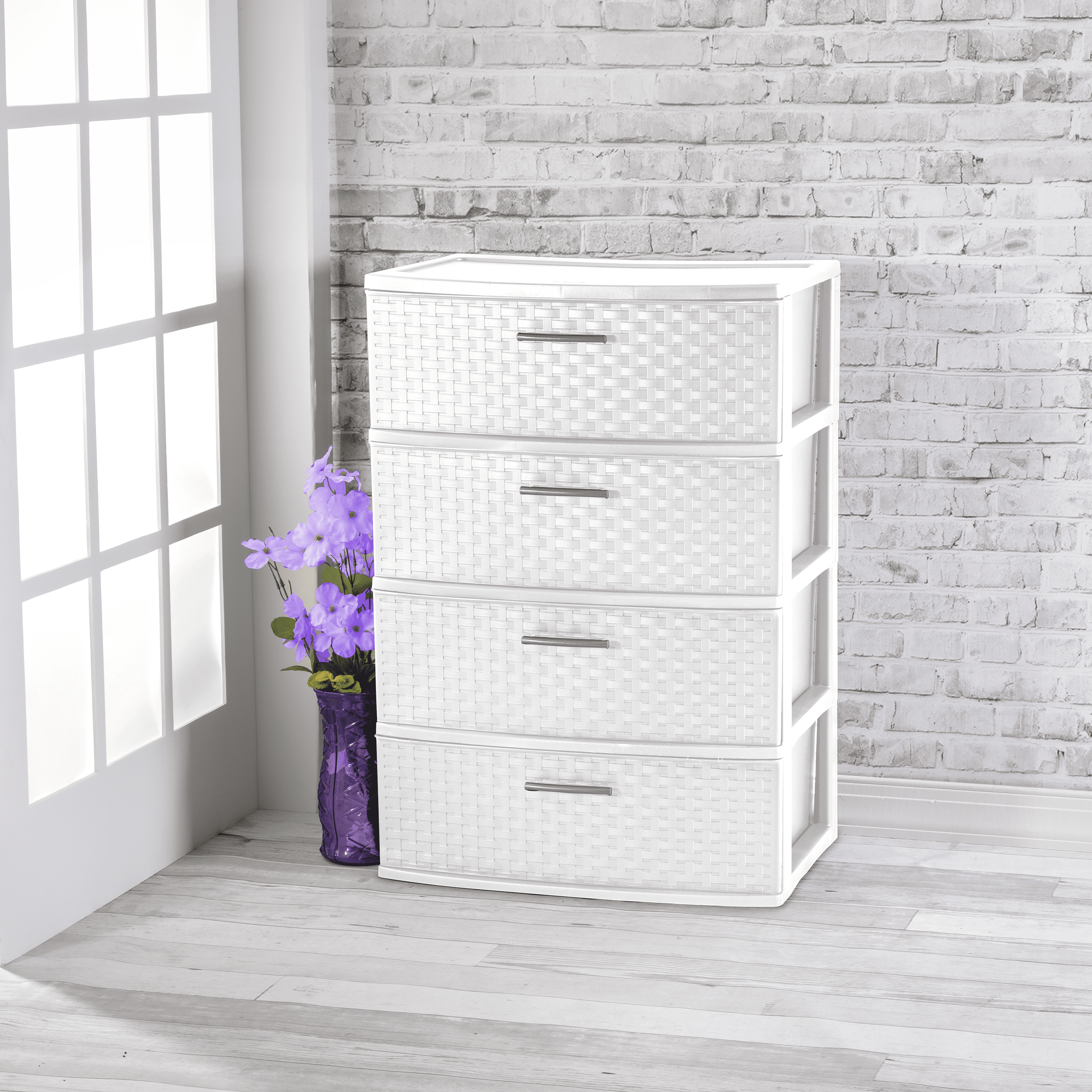 Sterilite 4 Drawer Wide Weave Tower, Plastic Décor Drawers with Pull Handles, White