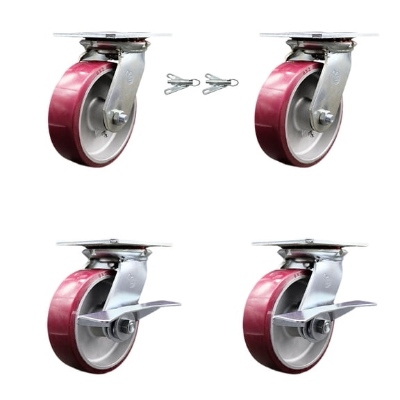 6 Inch Poly on Aluminum Swivel Caster Set 2 Swivel Locks 2 Brakes Service Caster