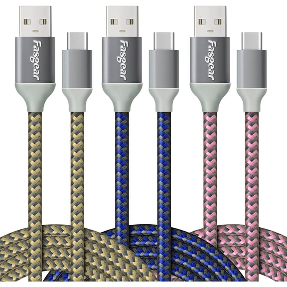 Fasgear USB C Cable 3 Pack 6ft 3A Fast Charging Nylon Braided USB 2.0 Type C Cord Compatible for Galaxy S22 S21 Ultra S10, Moto G Stylus, USB C Charger, PS5 Controller 1.8m(Blue,Pink,Gold)