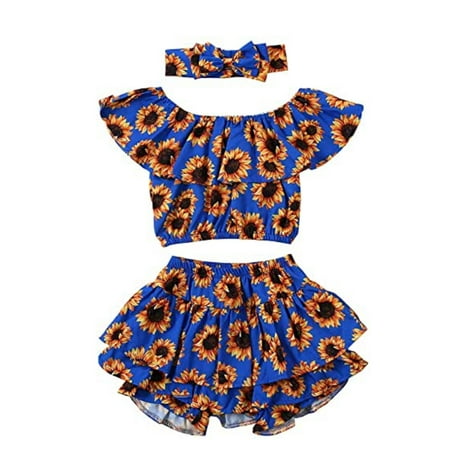 

Canrulo Toddler Baby Girl Summer Outfits Sunflower Off Shoulder Ruffles Crop Top+Skirt Shorts+Headband Clothes Blue 2-3 Years