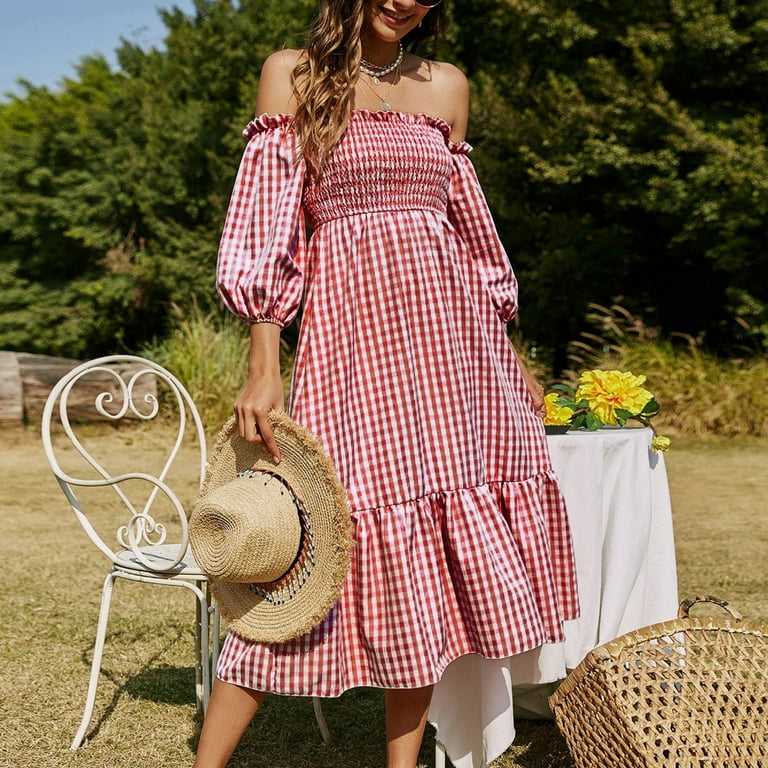 Womens Summer Solid Color Dress Casual Cold Shoulder Puff Sleeve A