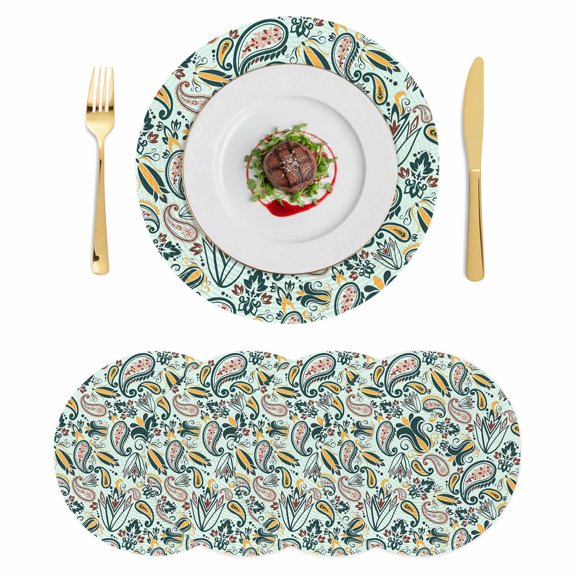 Boho Sage Green Floral Round 13 Inch Placemats Set of 4, Farmhouse Botanical Vintage Paisley Flower HeatResistant Non Slip Place Mats for Dining Table, Wipeable Kitchen Table Mats for Housewarming