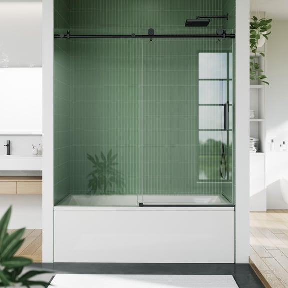 Frameless Sliding Shower Door 56-60 Inch Width 76 Inch Height 8mm Clear Tempered Glass Black with Stainless Steel Handle for Walk In Shower Bathroom
