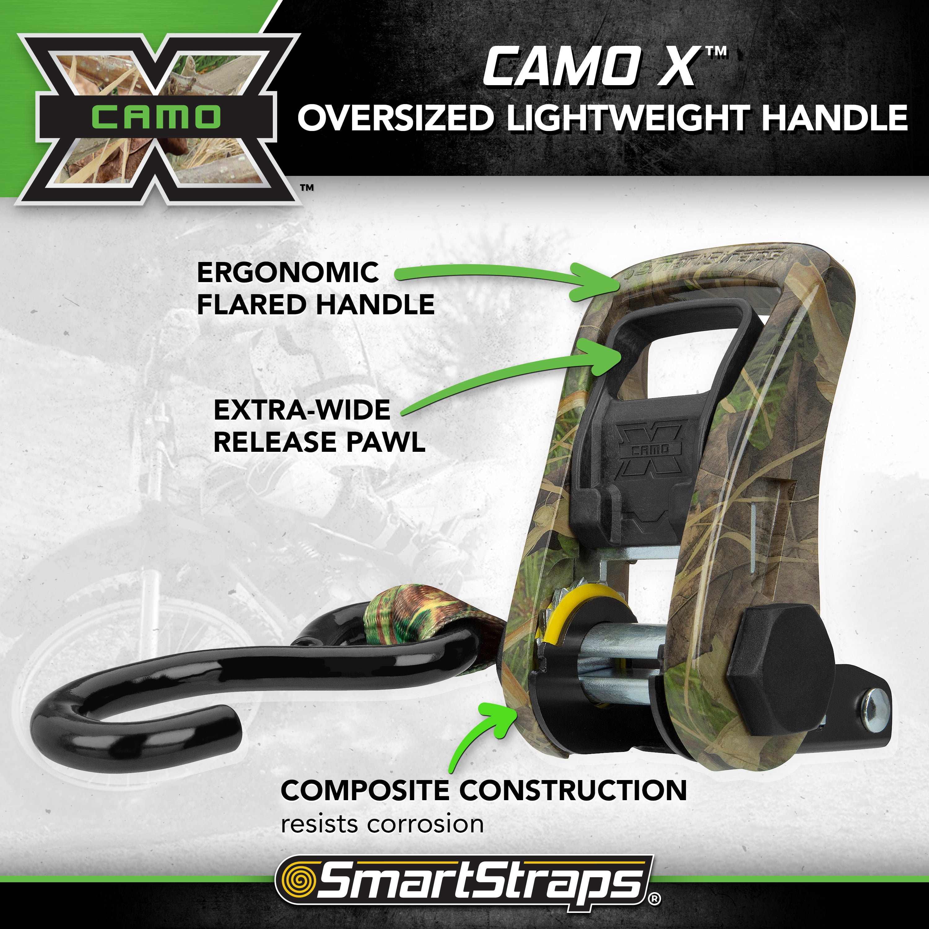 SmartStraps CamoX Standard Duty Ratchet Tie Down Straps, 1" x 10 ft, 500 lb Safe Work Load, 1,500 lb Break Strength, 2-Pack