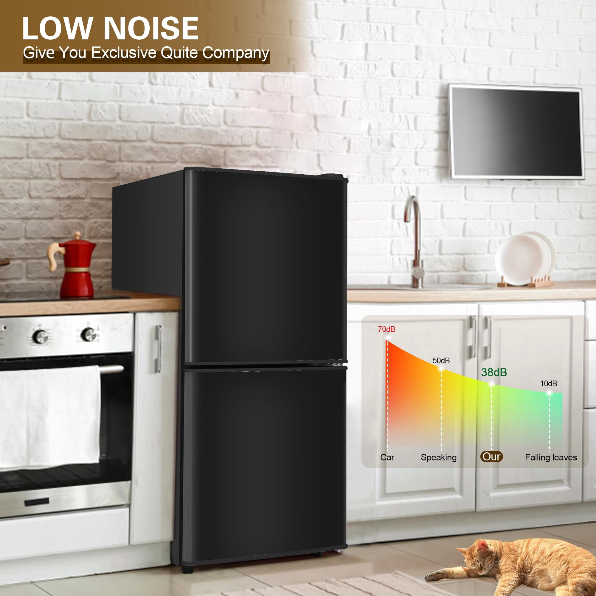 4.2 Cu.Ft Small Fridge with Freezer, 7 Level Adjustable Thermostat, 2 Door Design, Removable Glass Shelves, Quiet 38dB Energy Saving for Dorm Office Kitchen, Black