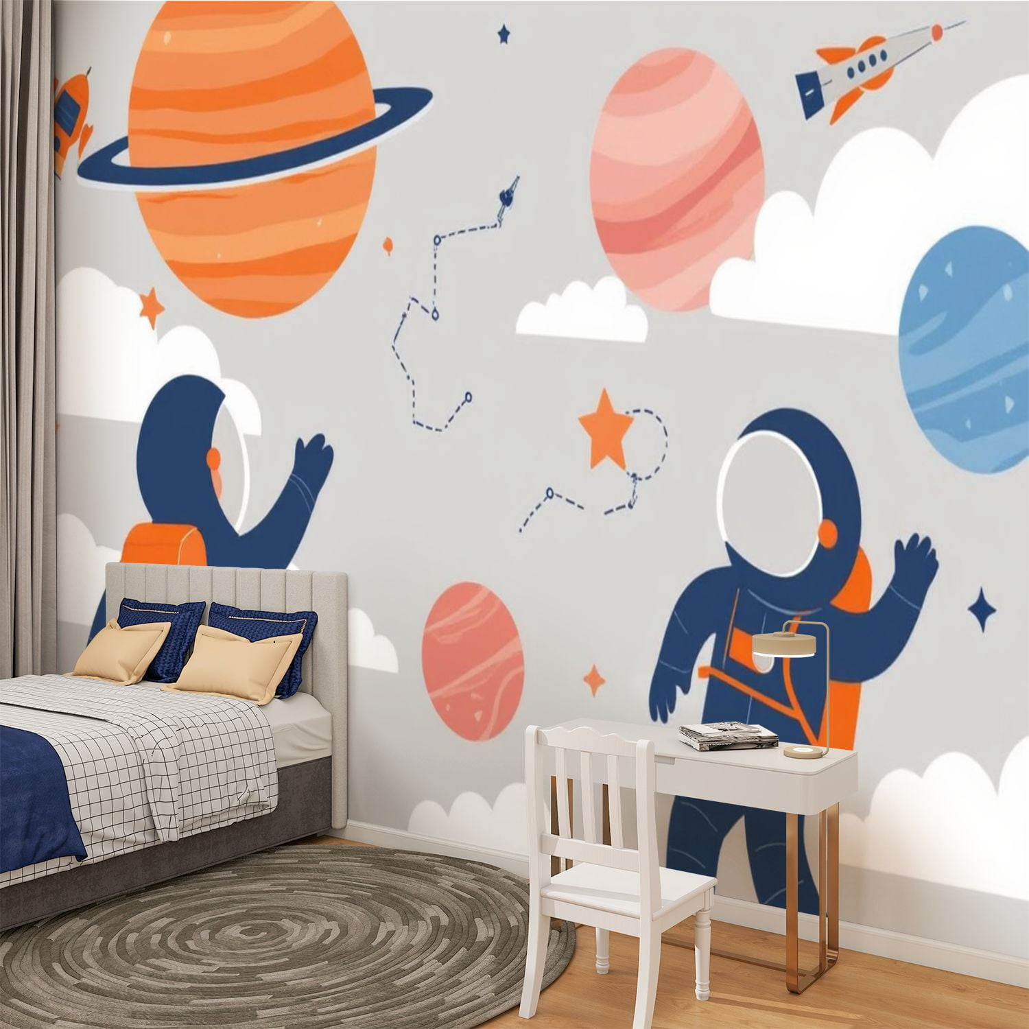 Peel and Stick Wallpaper Nursery Cartoon Space Planet Boy Astronaut Character Rocket Ship Modern Art Wall Mural Decor Self Adhesive and Removable 100in x 144in