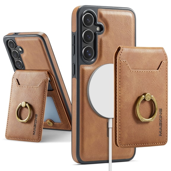 For Samsung Galaxy S24 Case with Credit Card Holder,Ring Holder,Phone PU Leather Case Wallet for Women Men Magnetic Detachable 2-in-1 Wallet Card,Shockproof Rugged Phone Case,Brown