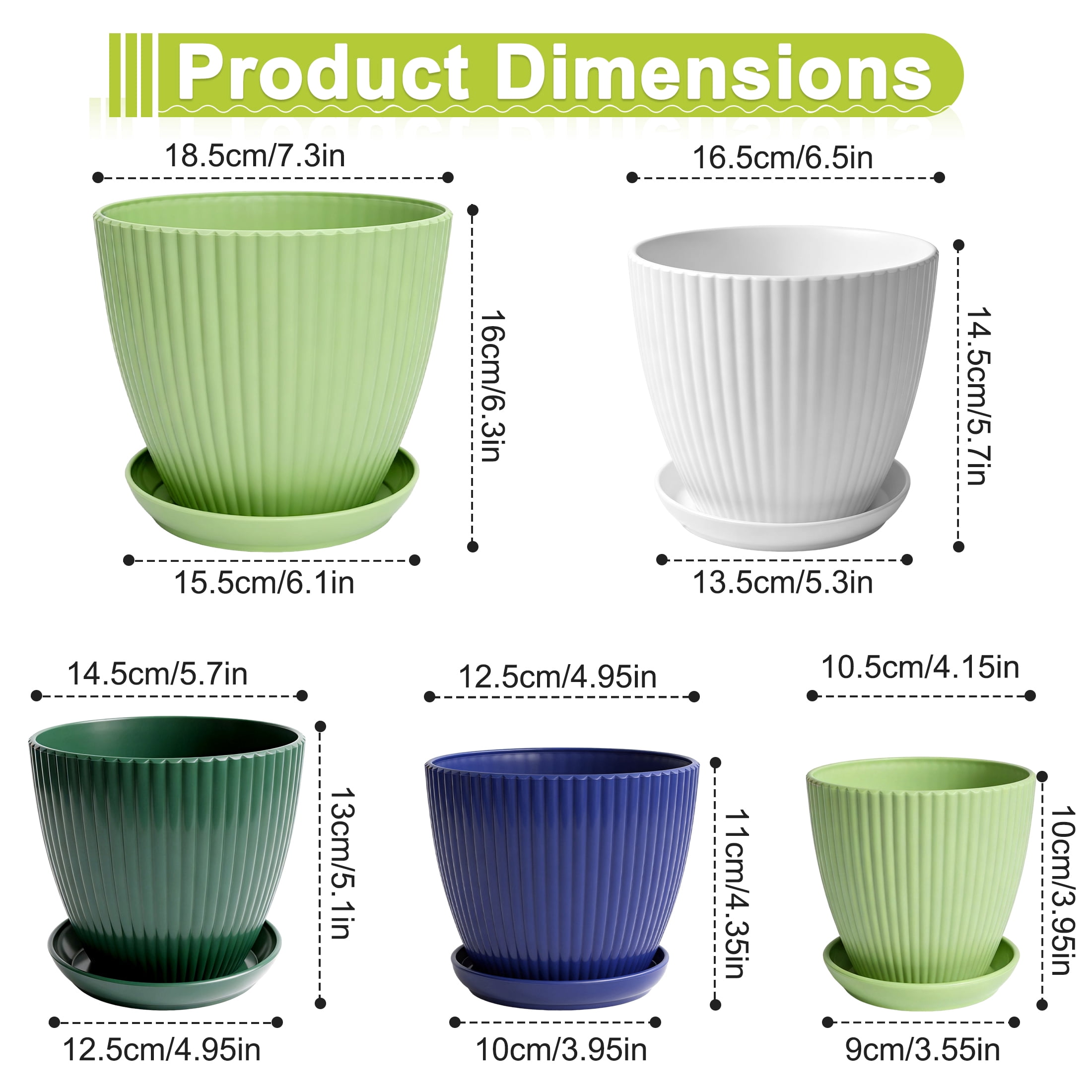 5 Pack Plastic Plant Pots with Drainage Holes and Saucers, Multi Size Indoor Planters, Vertical Ribbed Flower Pots for Succulents, Herbs, House Plants