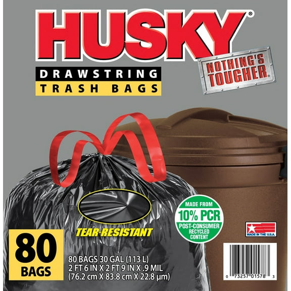Husky Large Trash Bags, 30 Gallon, 80 Black Bags (Unscented, Tear-Resistant, Drawstring, 10% PCR)