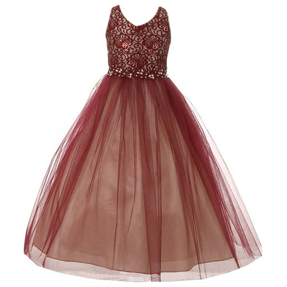 Little Girls Lace Tulle Rhinestone Pageant Birthday Party Flower Girl Dress Burgundy 4 (M38BK1)