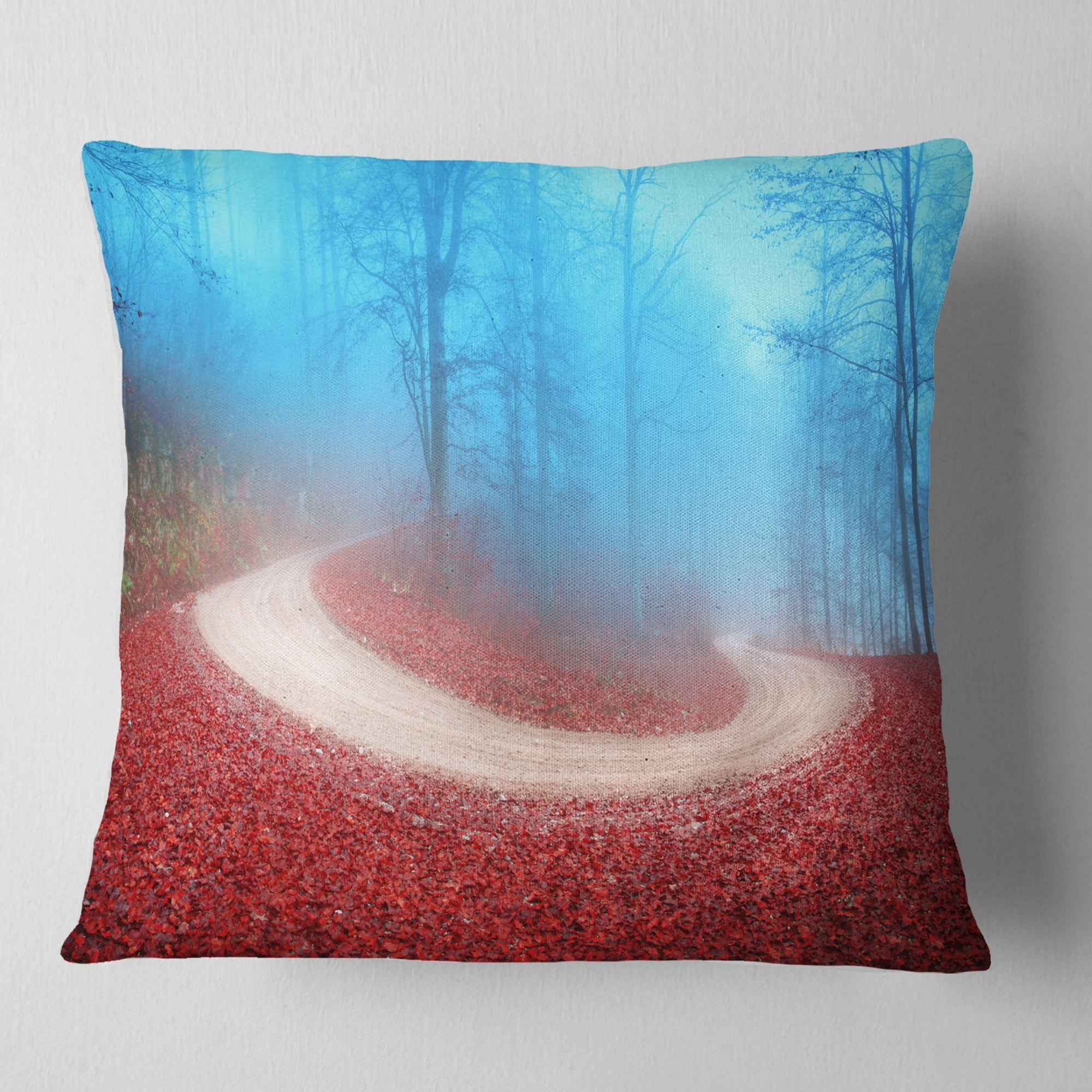 Designart Curved Road in Autumn Forest - Landscape Photo Throw Pillow - 18x18