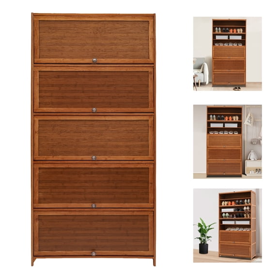 ToppiJoy 11 Tier Shoe Cabinet, Portable Shoe Rack, Bamboo Free Standing Shoe Shelf Organizer Storage with Flip Doors for Home Entryway Hallway