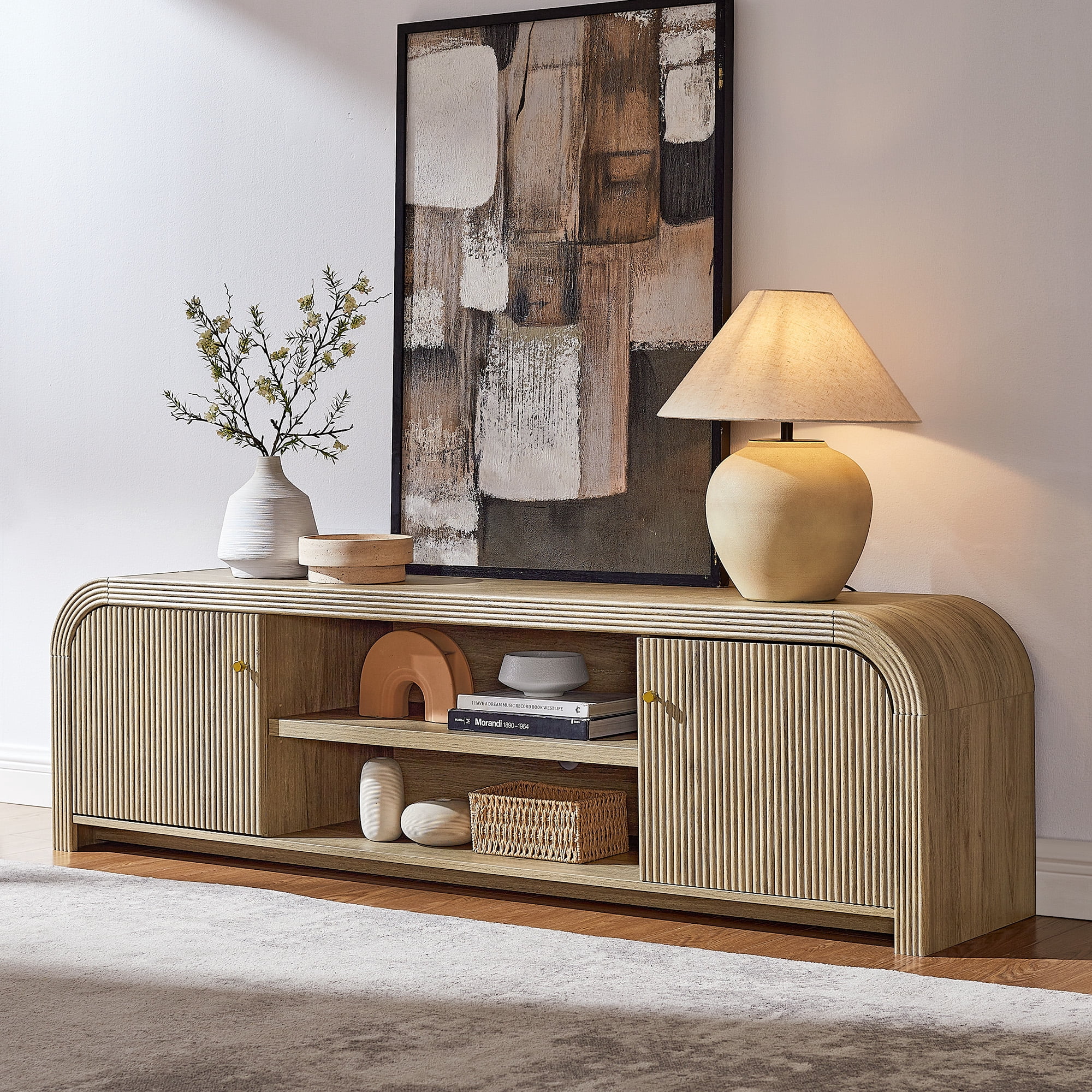 KeyWhat Fluted TV Stand for TVs Up to 80", Storage Cabinet & Open Shelf, Rounded Corners