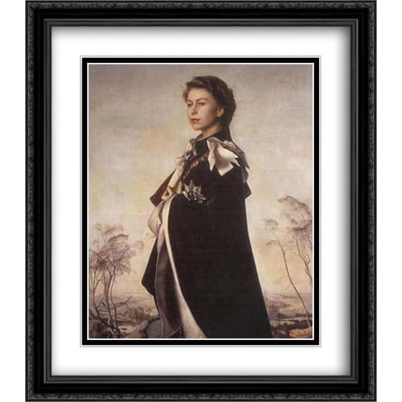 Portait of Queen Elizabeth II 2x Matted 28x32 Large Black Ornate Framed Art Print by Annigoni, Pietro