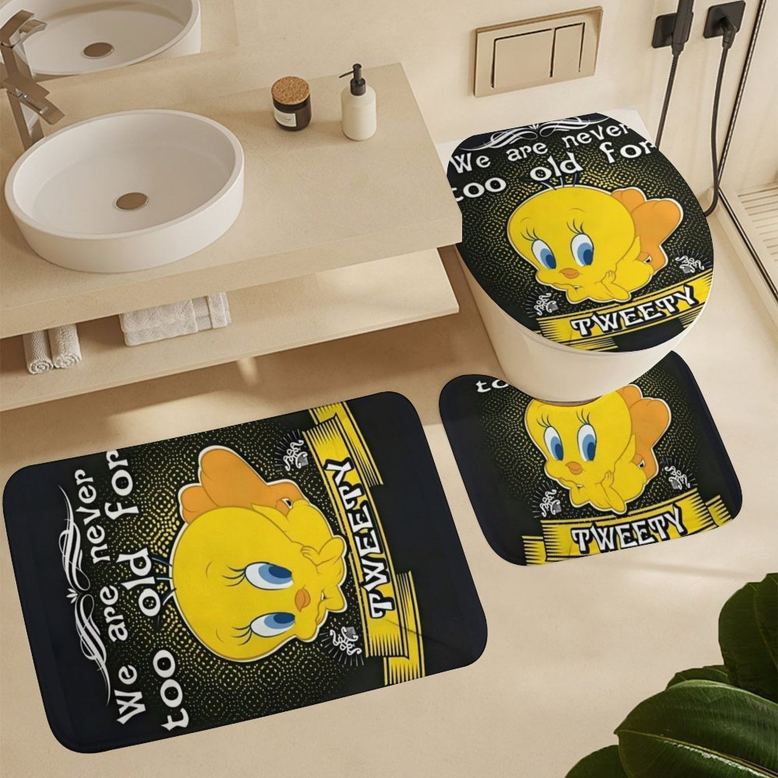 Tweety Bird Anime Shower Curtain 4 Piece Set with Carpet and Toilet Cover Waterproof Shower Curtain Bathroom Decoration 72 x 72inch