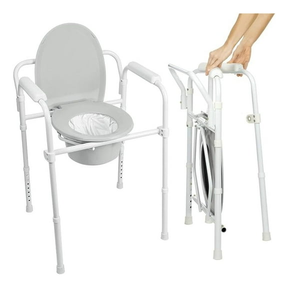 Folding Bedside Commode - 350lb Capacity, Shower Chair with Rails - Portable Toilet for Seniors, Heavy Duty Bariatric Seat with Padded Arms & Lid